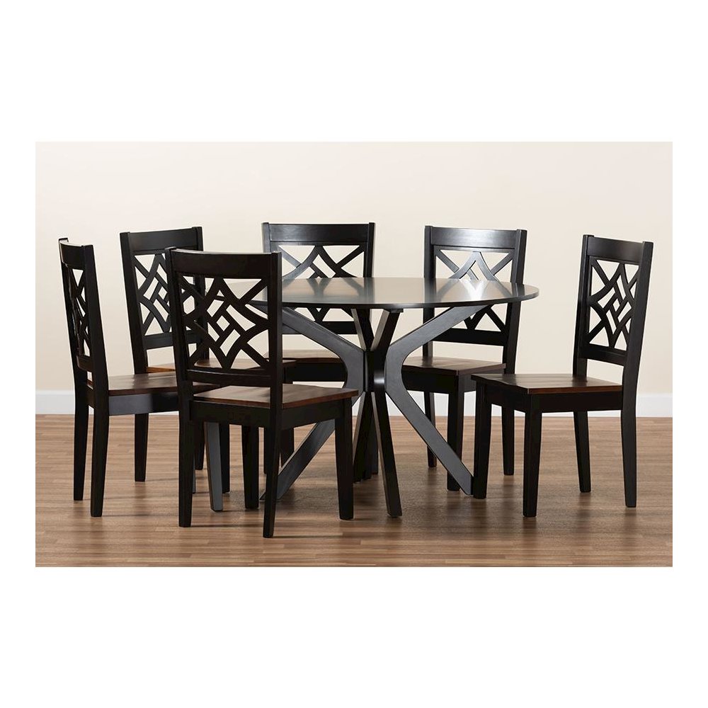 Two-Tone Dark Brown and Walnut Brown Finished Wood 7-Piece Dining Set. Picture 8