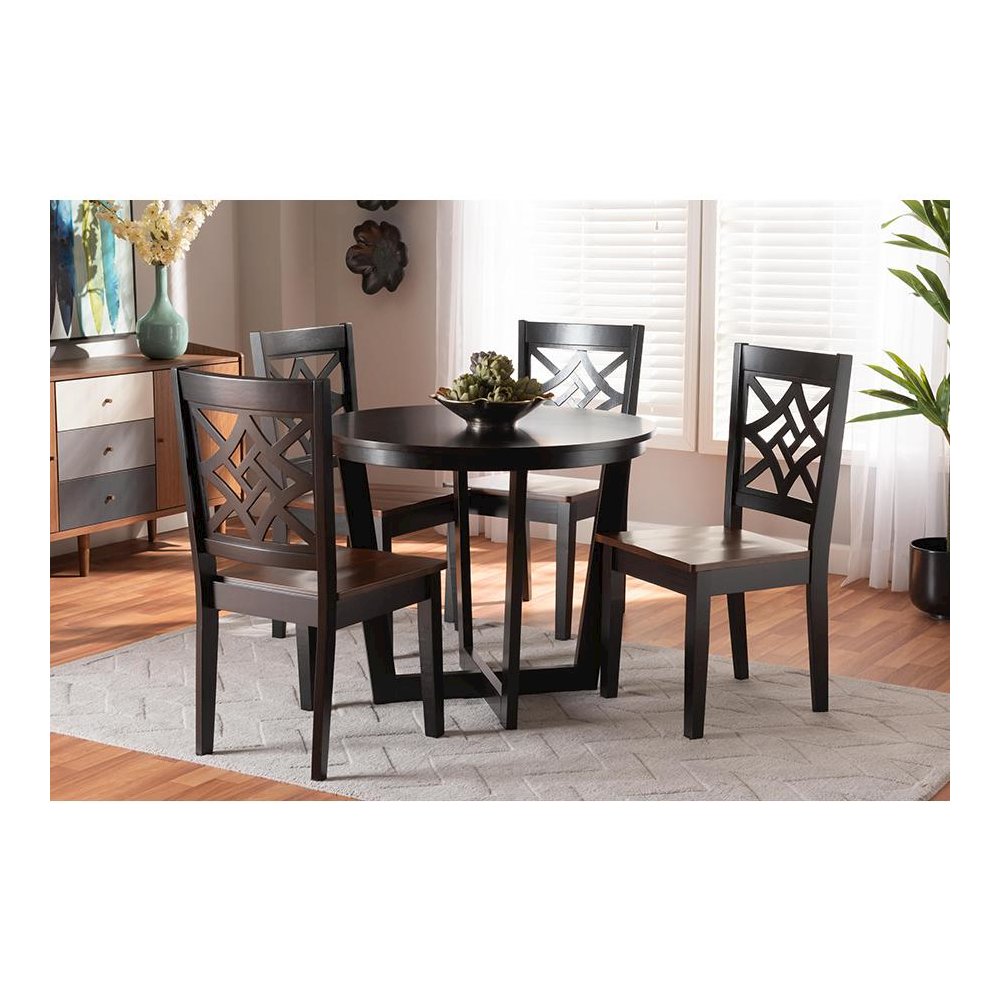 Two-Tone Dark Brown and Walnut Brown Finished Wood 5-Piece Dining Set. Picture 7
