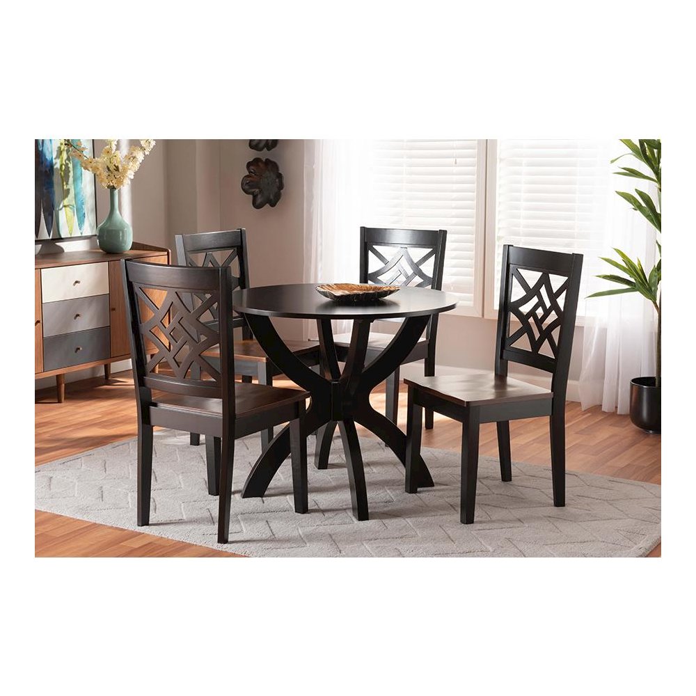 Two-Tone Dark Brown and Walnut Brown Finished Wood 5-Piece Dining Set. Picture 7