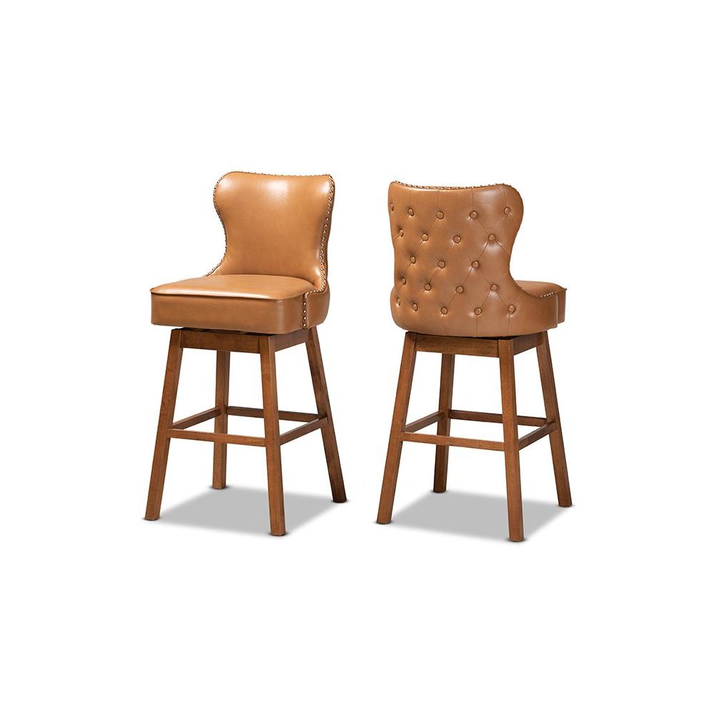 Leather Upholstered and Walnut Brown Finished Wood 2-Piece Swivel Bar Stool Set. Picture 1