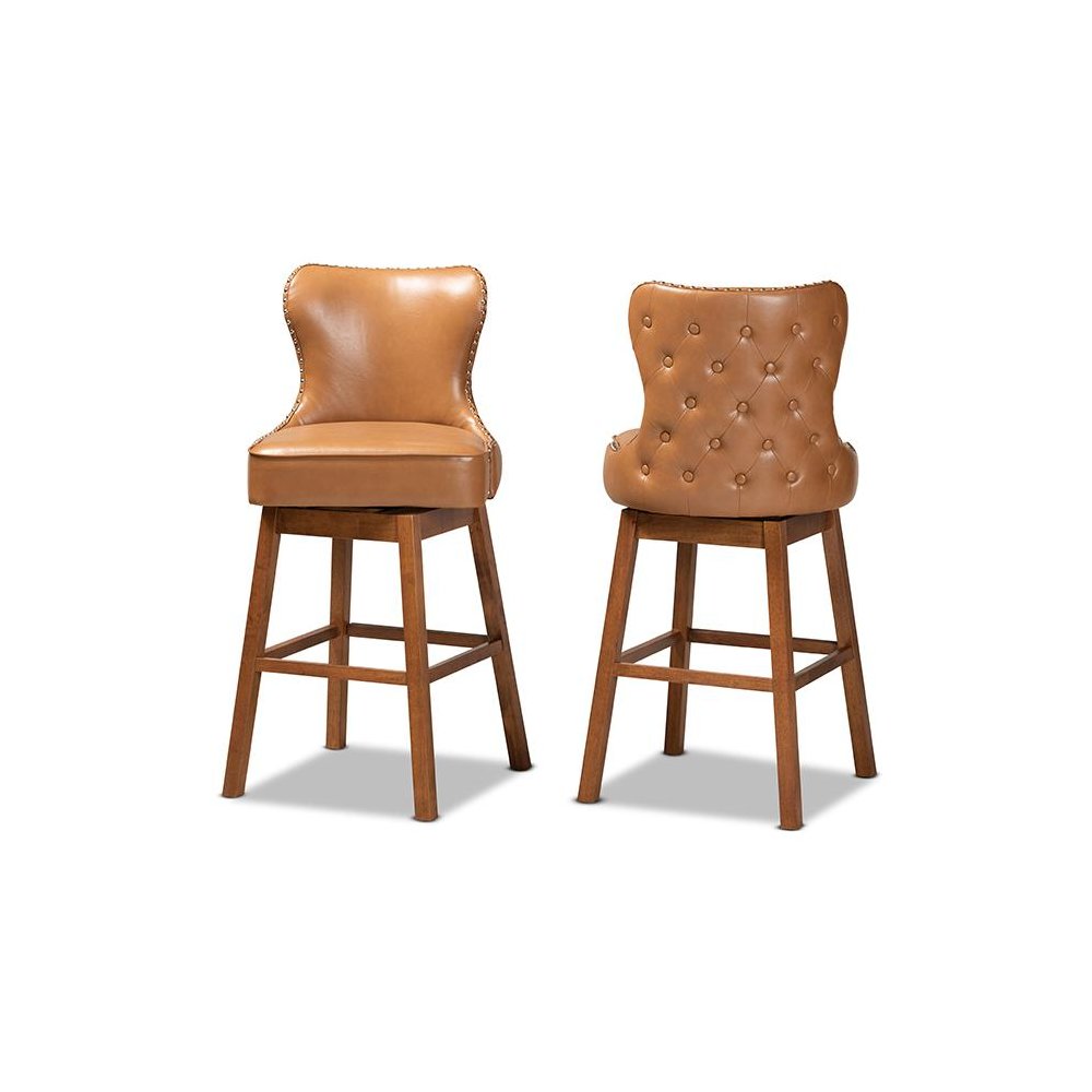 Leather Upholstered and Walnut Brown Finished Wood 2-Piece Swivel Bar Stool Set. Picture 2