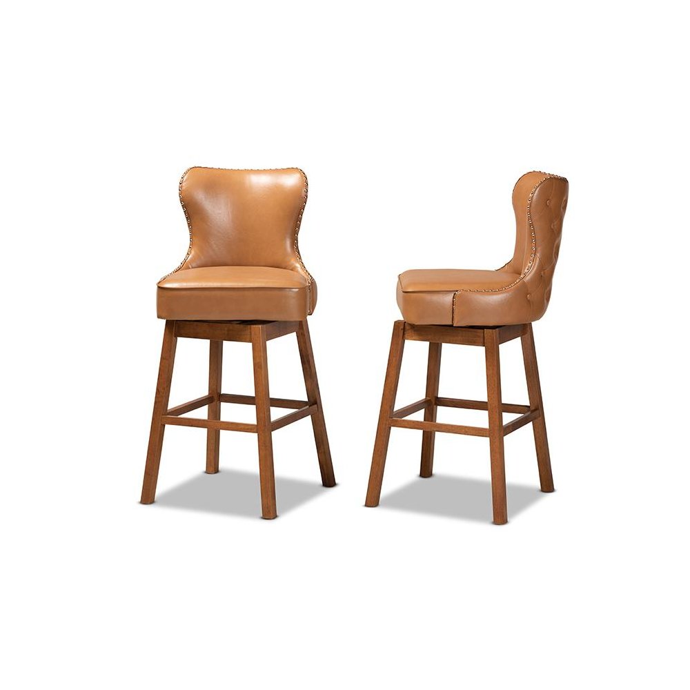 Leather Upholstered and Walnut Brown Finished Wood 2-Piece Swivel Bar Stool Set. Picture 3