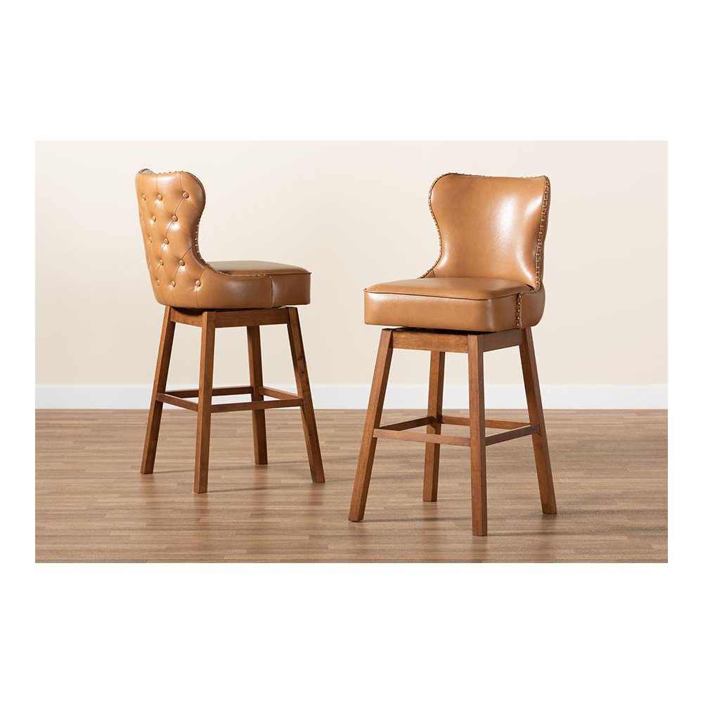 Leather Upholstered and Walnut Brown Finished Wood 2-Piece Swivel Bar Stool Set. Picture 8