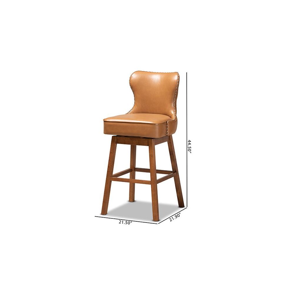 Leather Upholstered and Walnut Brown Finished Wood 2-Piece Swivel Bar Stool Set. Picture 9