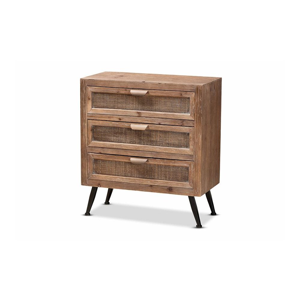 Whitewashed Natural Brown Finished Wood and Rattan 3-Drawer Storage Cabinet. Picture 1