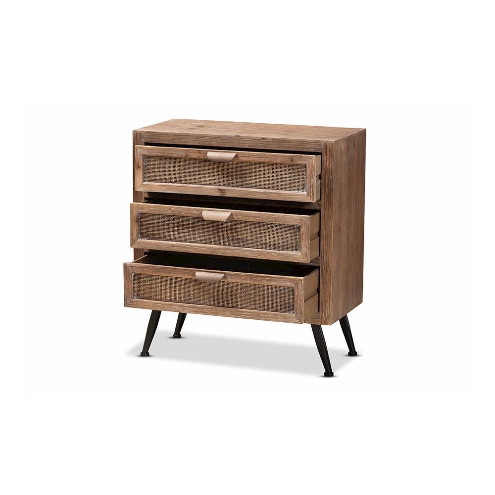 Whitewashed Natural Brown Finished Wood and Rattan 3-Drawer Storage Cabinet. Picture 2