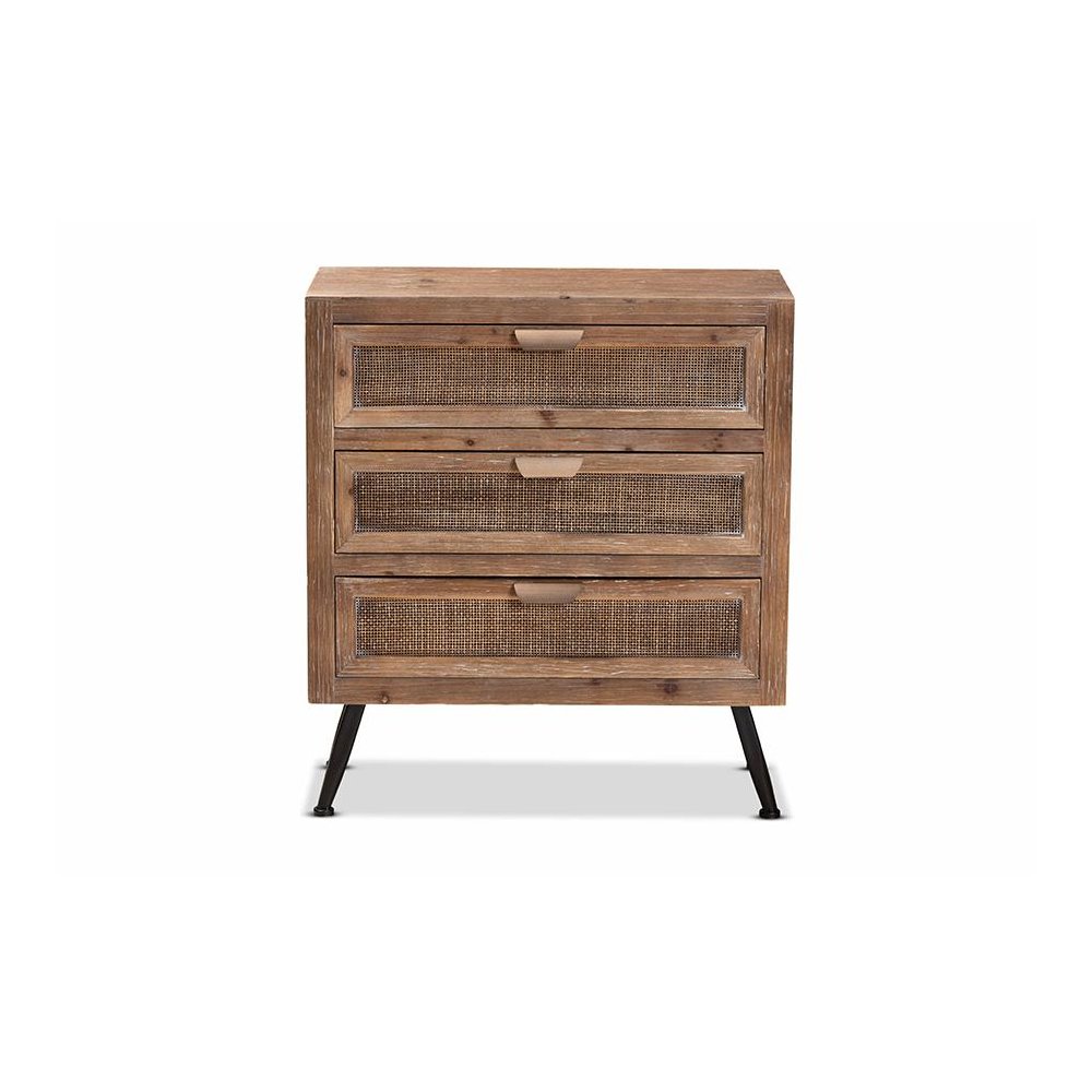 Whitewashed Natural Brown Finished Wood and Rattan 3-Drawer Storage Cabinet. Picture 3