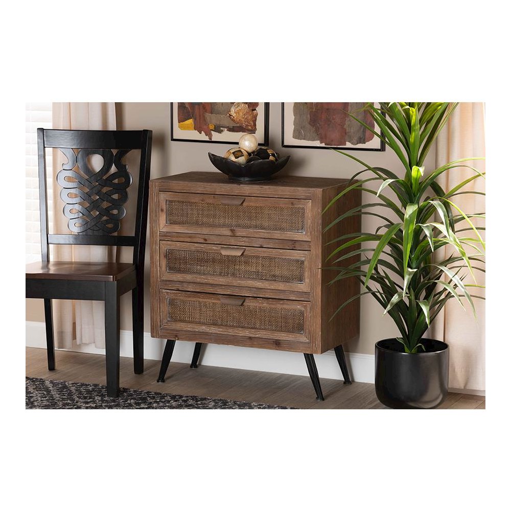 Whitewashed Natural Brown Finished Wood and Rattan 3-Drawer Storage Cabinet. Picture 7
