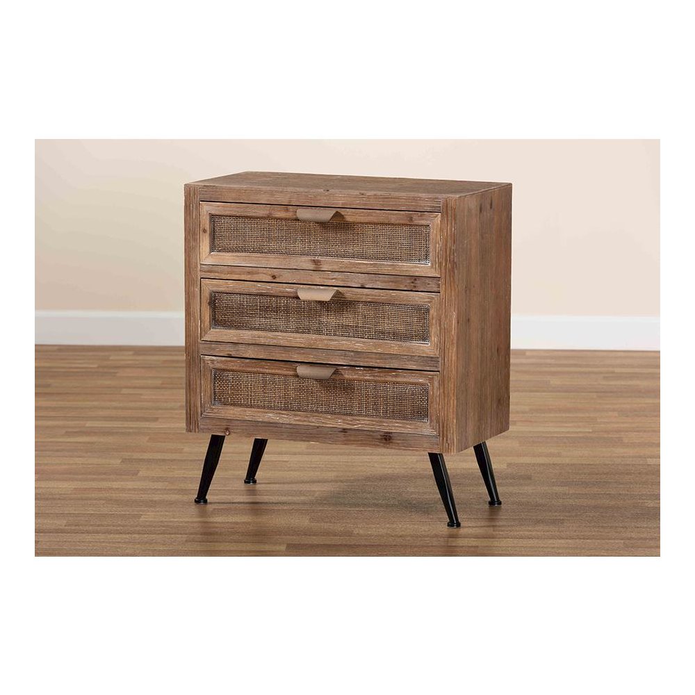 Whitewashed Natural Brown Finished Wood and Rattan 3-Drawer Storage Cabinet. Picture 8