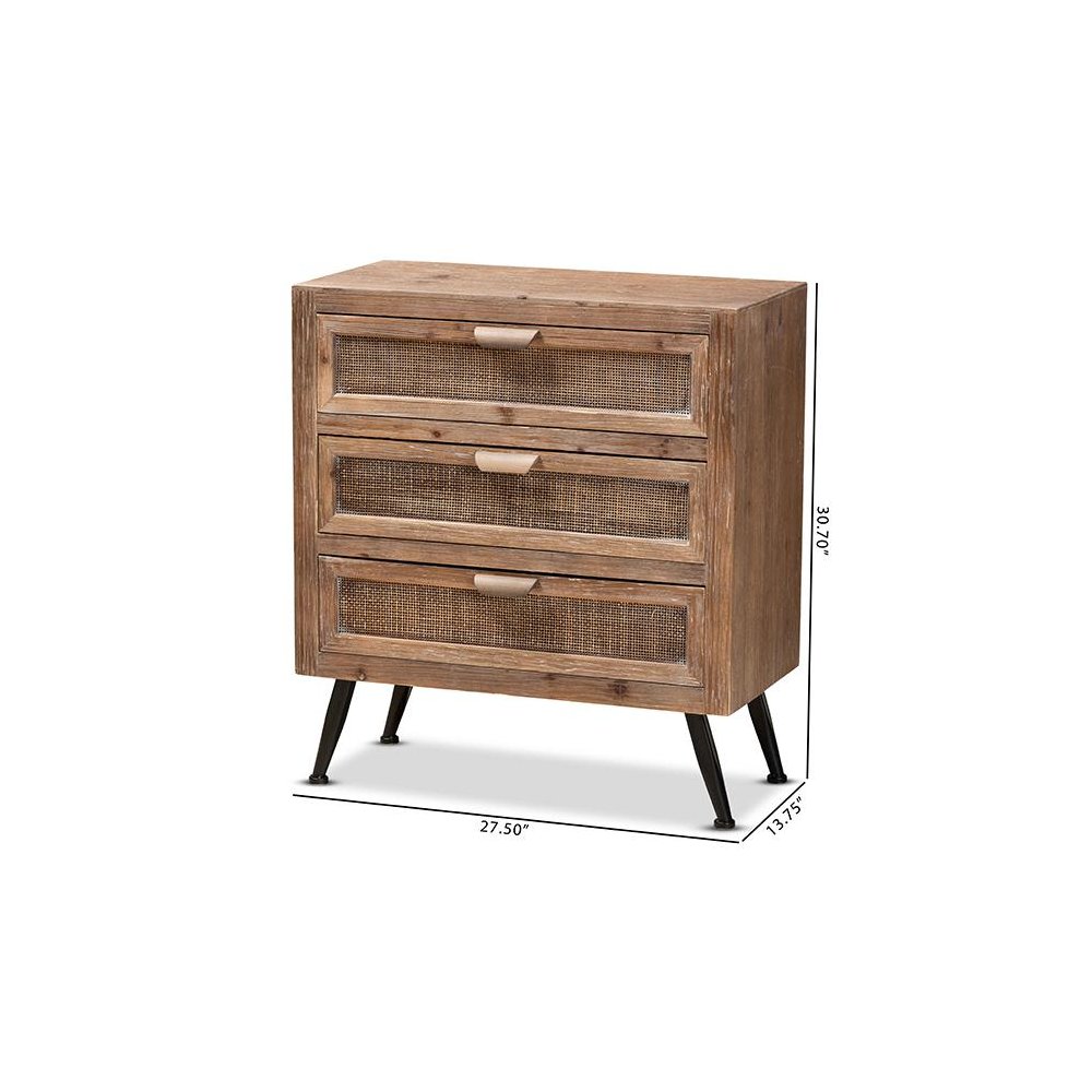 Whitewashed Natural Brown Finished Wood and Rattan 3-Drawer Storage Cabinet. Picture 9