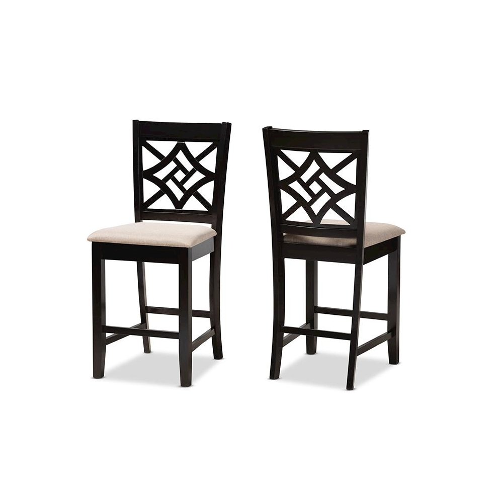 Sand Fabric Upholstered and Dark Brown Finished Wood 2-Piece Counter Stool Set. Picture 1