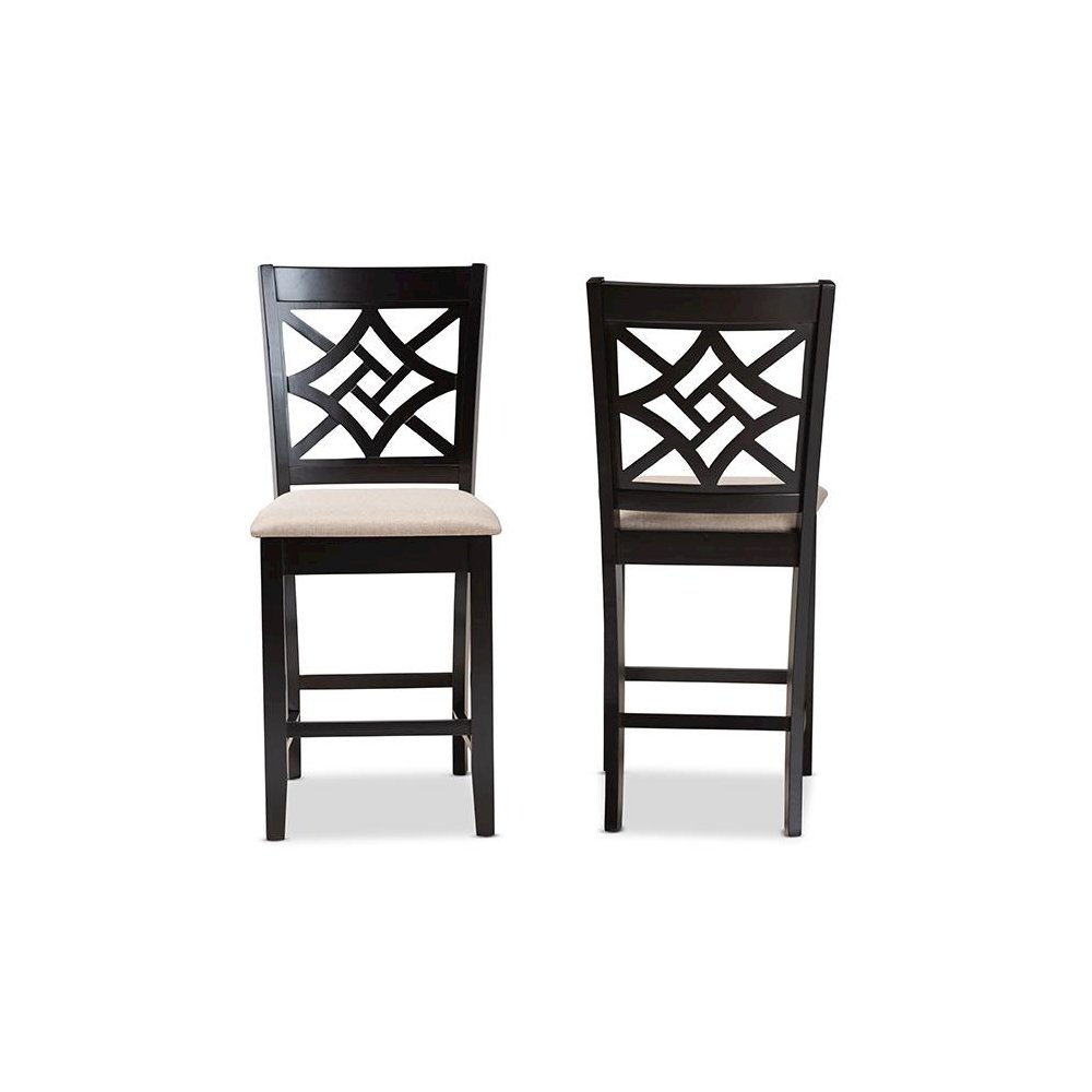 Sand Fabric Upholstered and Dark Brown Finished Wood 2-Piece Counter Stool Set. Picture 2
