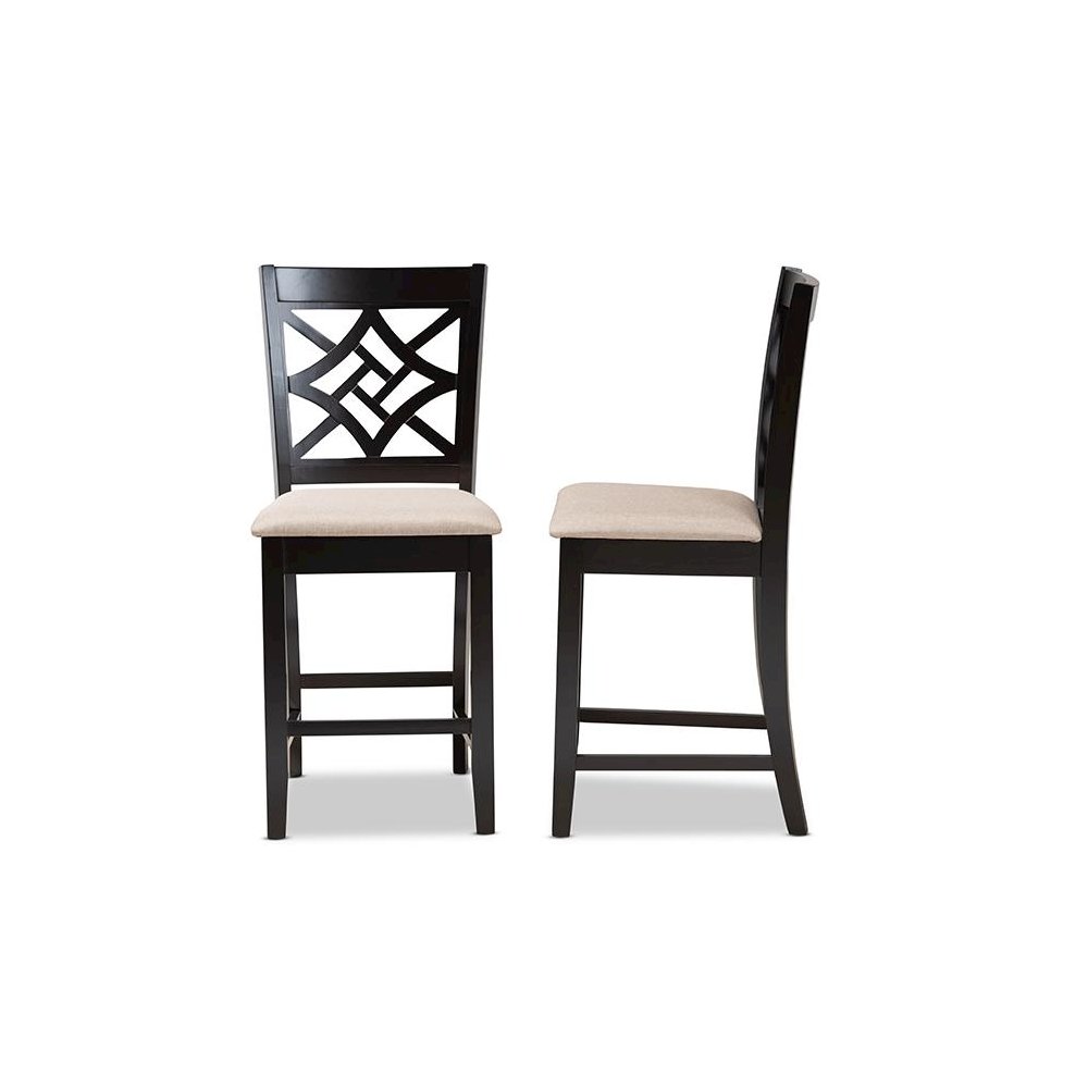 Sand Fabric Upholstered and Dark Brown Finished Wood 2-Piece Counter Stool Set. Picture 3