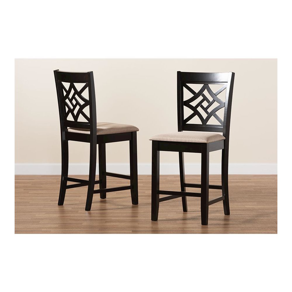 Sand Fabric Upholstered and Dark Brown Finished Wood 2-Piece Counter Stool Set. Picture 7