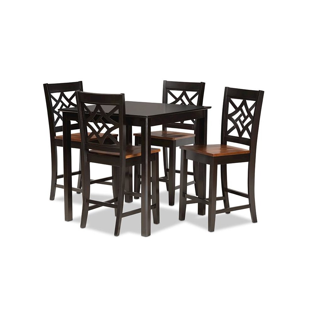Two-Tone Dark Brown and Walnut Brown Finished Wood 5-Piece Pub Set. Picture 1