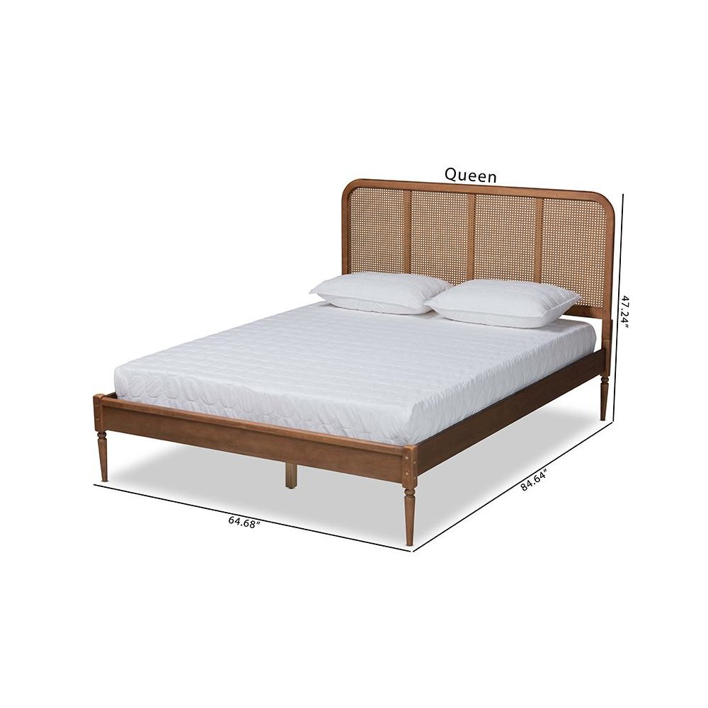 Walnut Brown Finished Wood and Synthetic Rattan Full Size Platform Bed. Picture 10