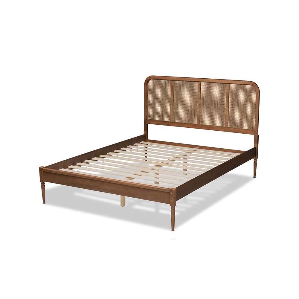 Walnut Brown Finished Wood and Synthetic Rattan Full Size Platform Bed. Picture 3