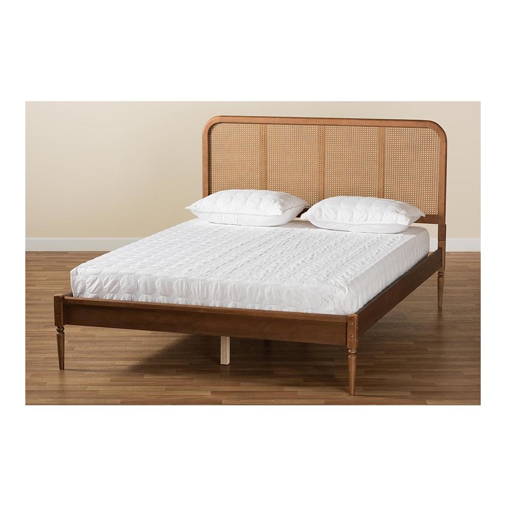 Walnut Brown Finished Wood and Synthetic Rattan Full Size Platform Bed. Picture 8