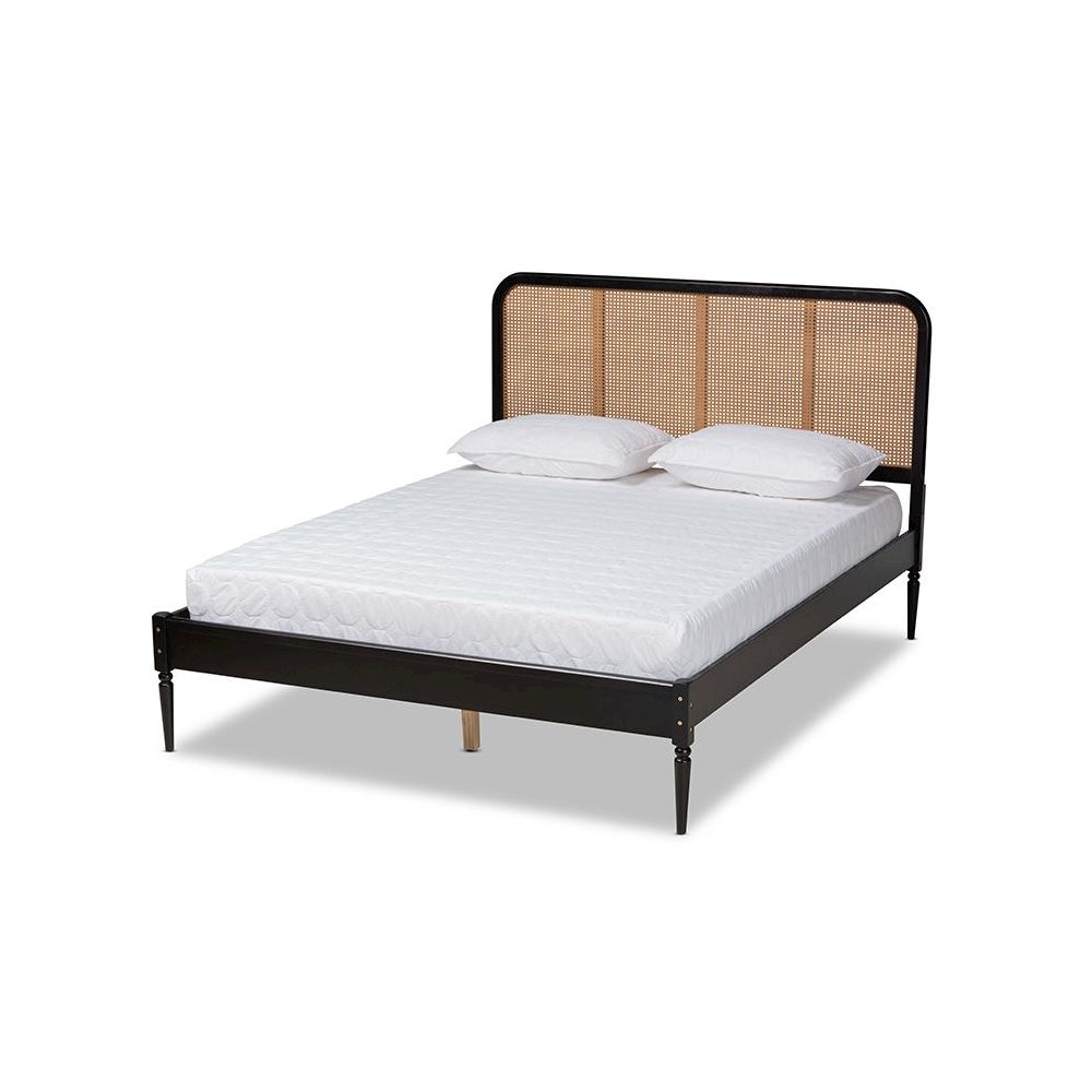 Charcoal Finished Wood and Synthetic Rattan Queen Size Platform Bed. Picture 1