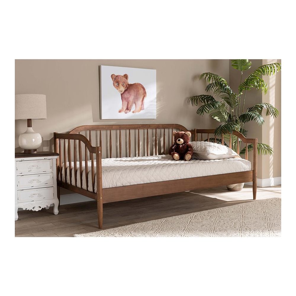 Parson Classic Mid-Century Modern Walnut Brown Finished Wood Twin Size Daybed. Picture 7