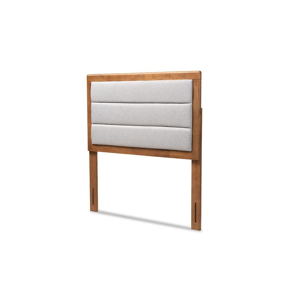 Light Grey Fabric Upholstered and Walnut Brown Finished Wood Twin Size Headboard. Picture 1