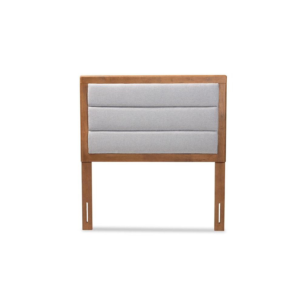 Light Grey Fabric Upholstered and Walnut Brown Finished Wood Twin Size Headboard. Picture 2