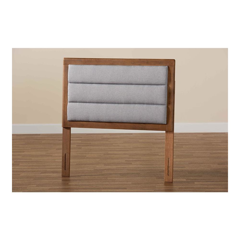 Light Grey Fabric Upholstered and Walnut Brown Finished Wood Twin Size Headboard. Picture 5