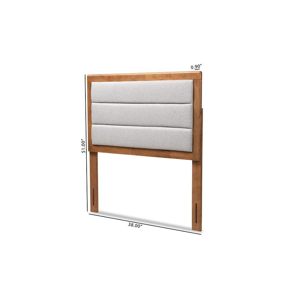 Light Grey Fabric Upholstered and Walnut Brown Finished Wood Twin Size Headboard. Picture 6
