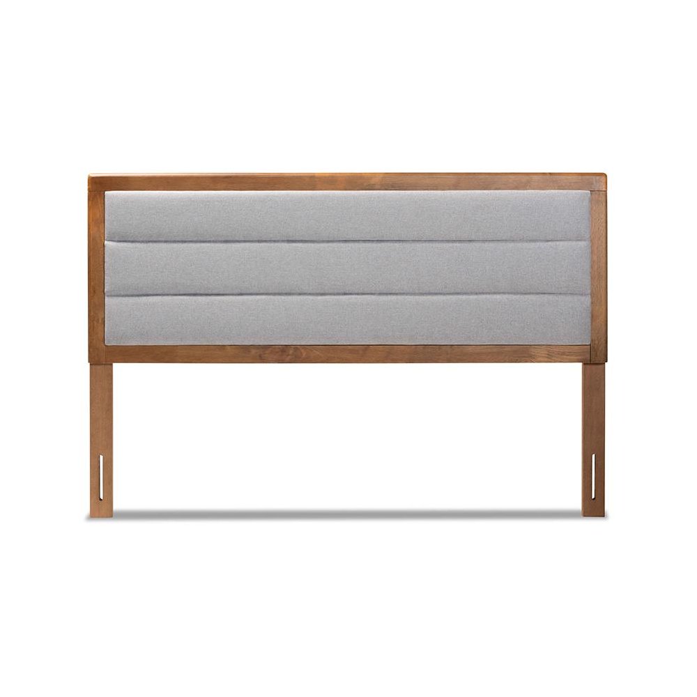 Light Grey Fabric Upholstered and Walnut Brown Finished Wood Full Size Headboard. Picture 2