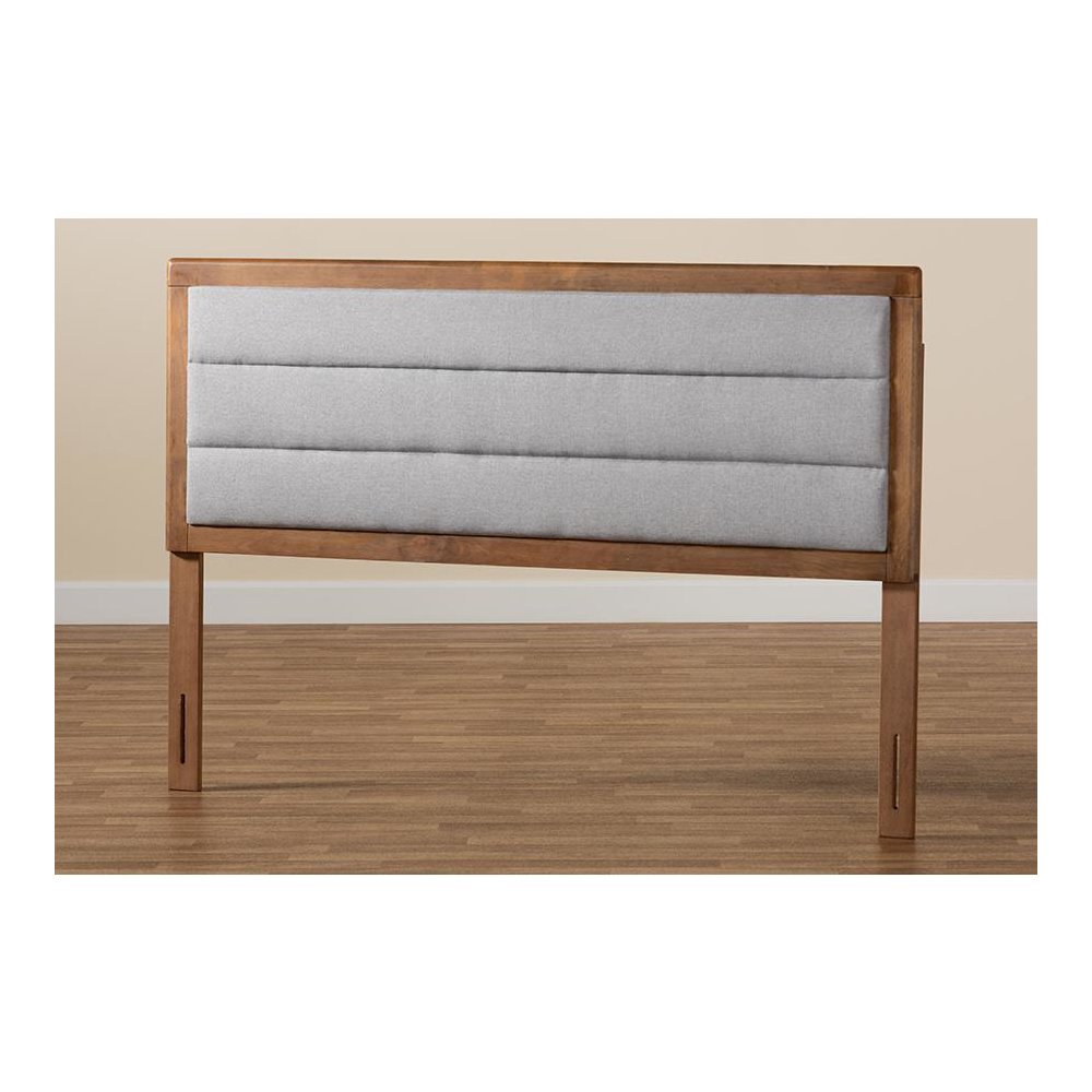 Light Grey Fabric Upholstered and Walnut Brown Finished Wood Full Size Headboard. Picture 5