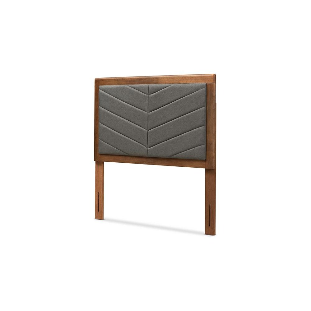 Dark Grey Fabric Upholstered and Walnut Brown Finished Wood Twin Size Headboard. Picture 1