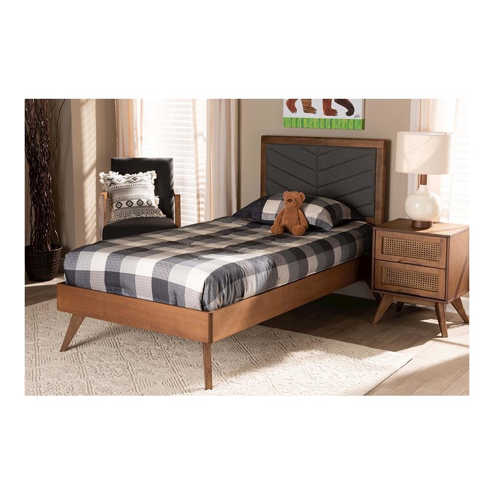 Walnut brown Finished Wood Twin Size Platform Bed. Picture 7