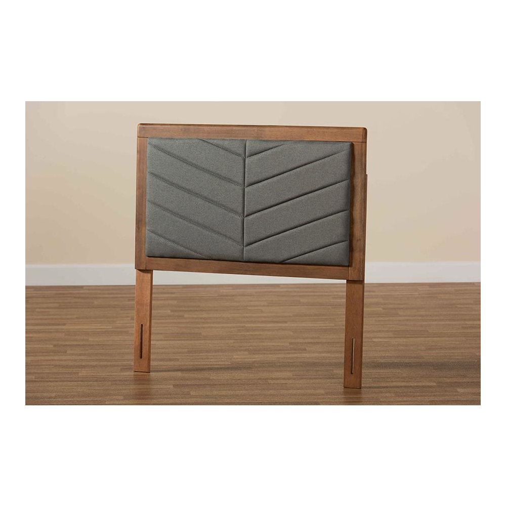 Dark Grey Fabric Upholstered and Walnut Brown Finished Wood Twin Size Headboard. Picture 5