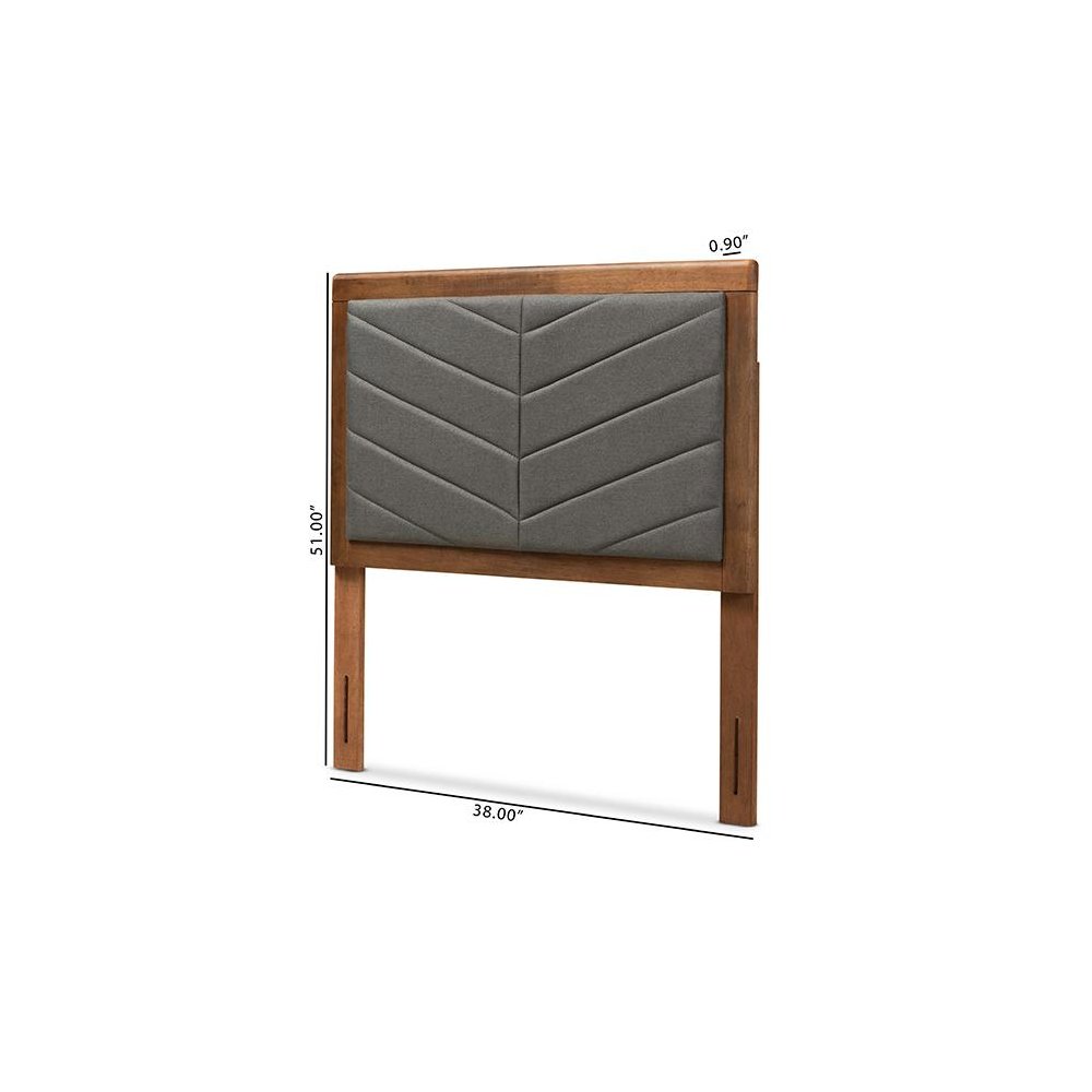 Dark Grey Fabric Upholstered and Walnut Brown Finished Wood Twin Size Headboard. Picture 6