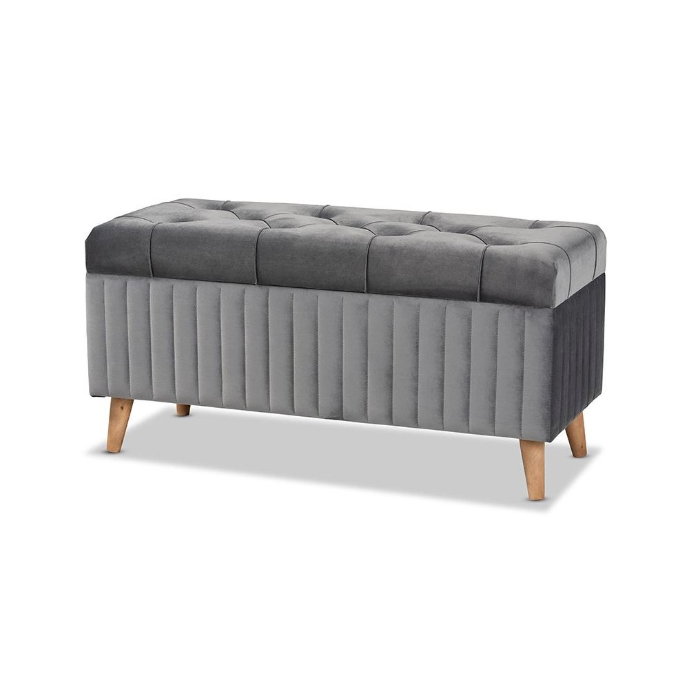 Grey Velvet Fabric Upholstered and Walnut Brown Finished Wood Storage Ottoman. Picture 1