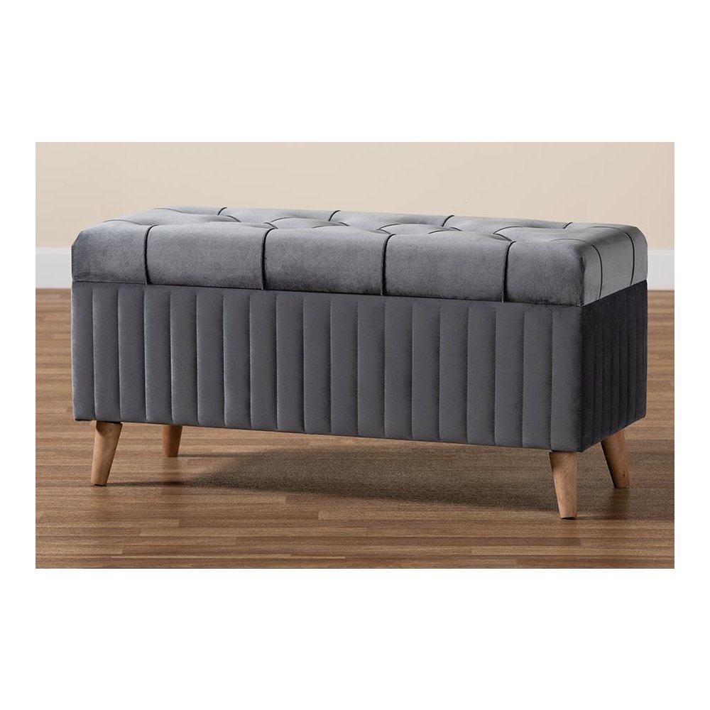 Grey Velvet Fabric Upholstered and Walnut Brown Finished Wood Storage Ottoman. Picture 10