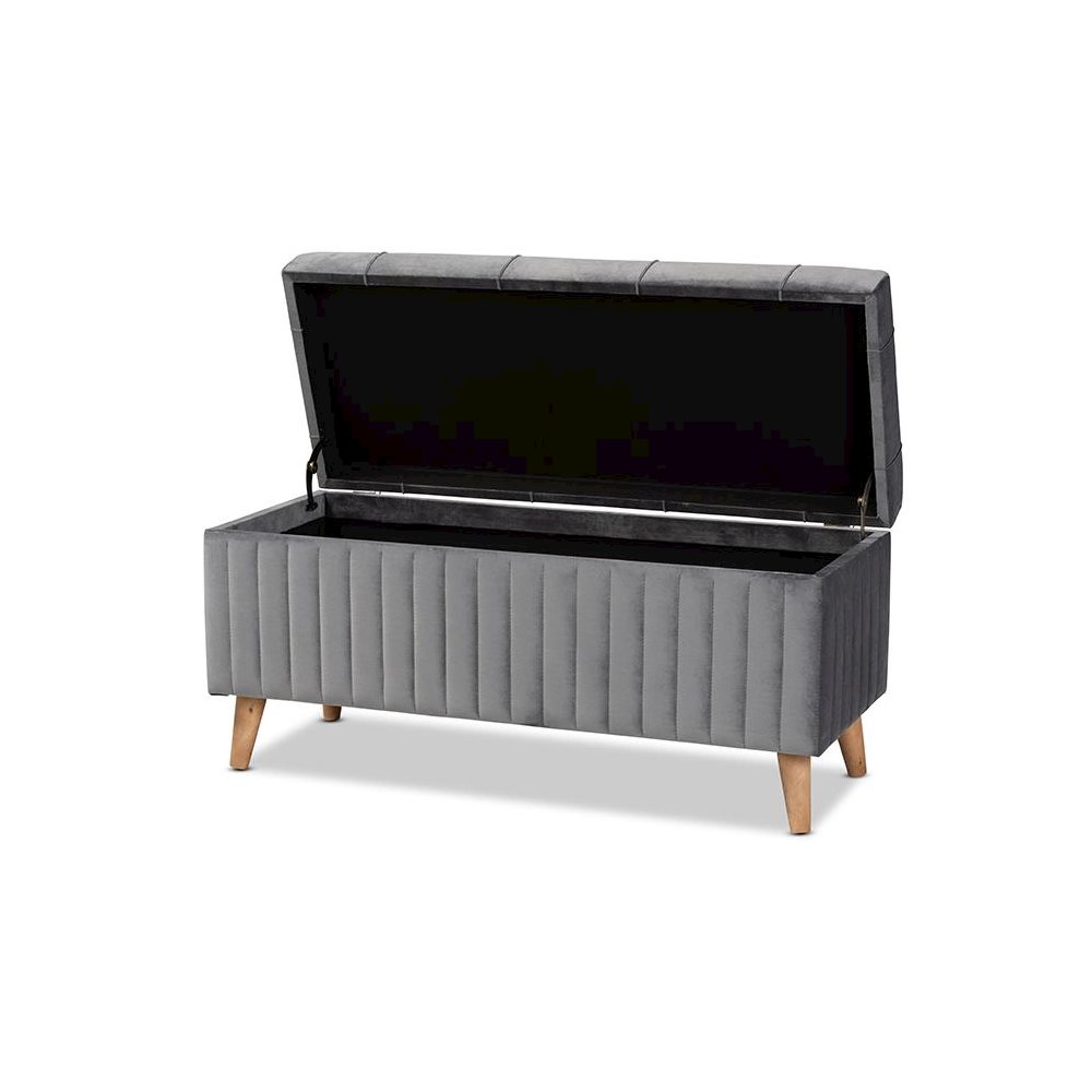 Grey Velvet Fabric Upholstered and Walnut Brown Finished Wood Storage Ottoman. Picture 2