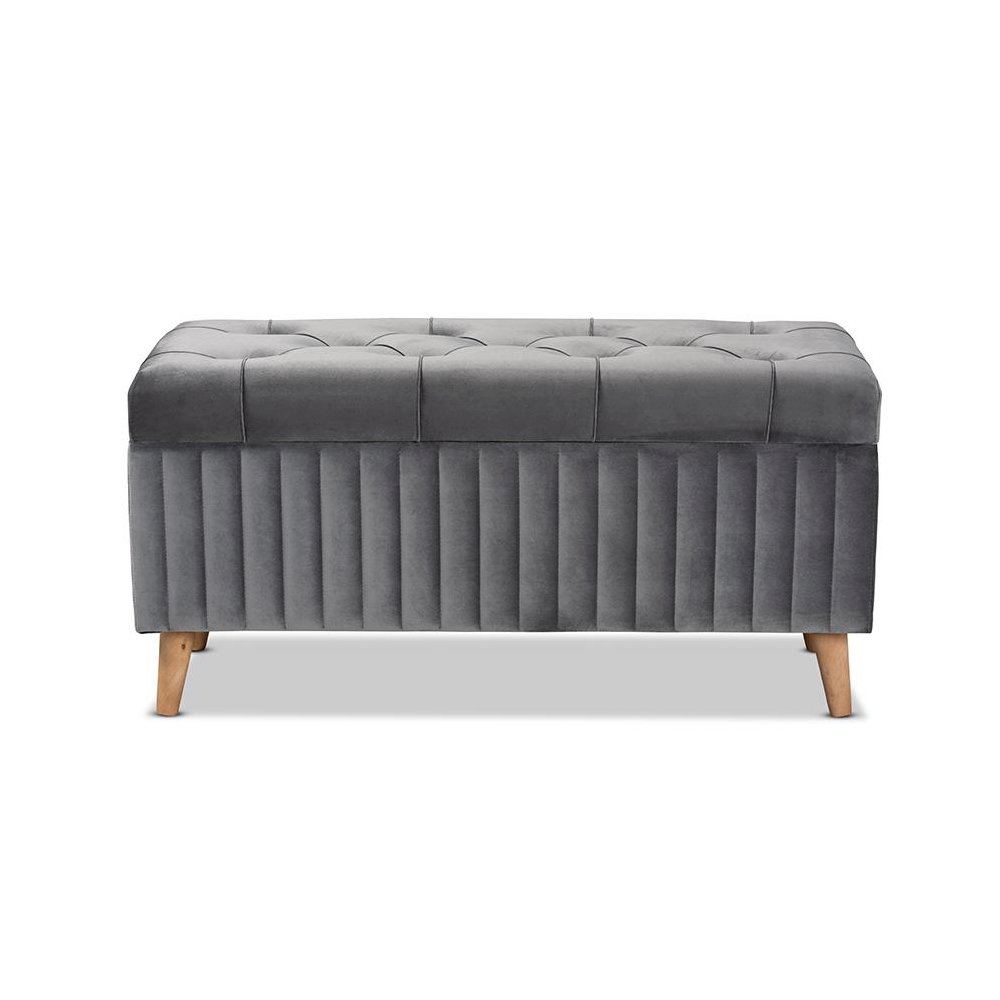 Grey Velvet Fabric Upholstered and Walnut Brown Finished Wood Storage Ottoman. Picture 3