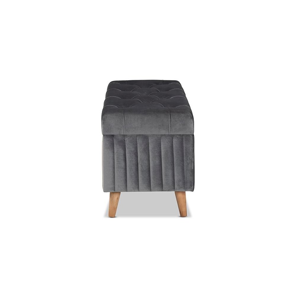 Grey Velvet Fabric Upholstered and Walnut Brown Finished Wood Storage Ottoman. Picture 4