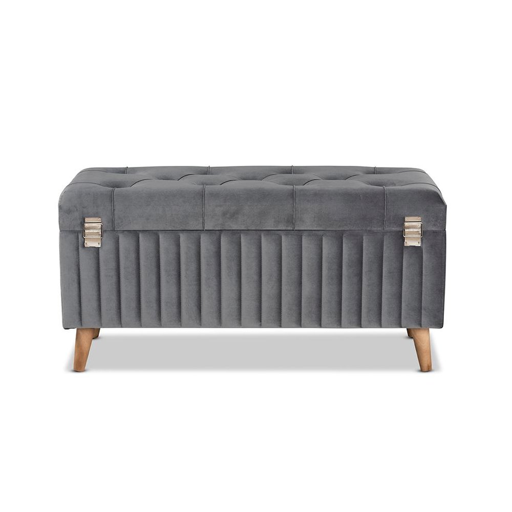 Grey Velvet Fabric Upholstered and Walnut Brown Finished Wood Storage Ottoman. Picture 5