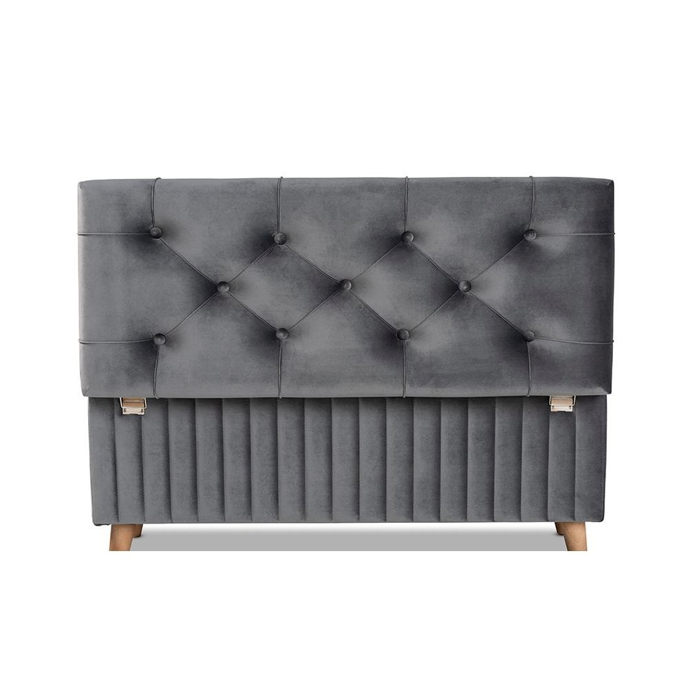 Grey Velvet Fabric Upholstered and Walnut Brown Finished Wood Storage Ottoman. Picture 6