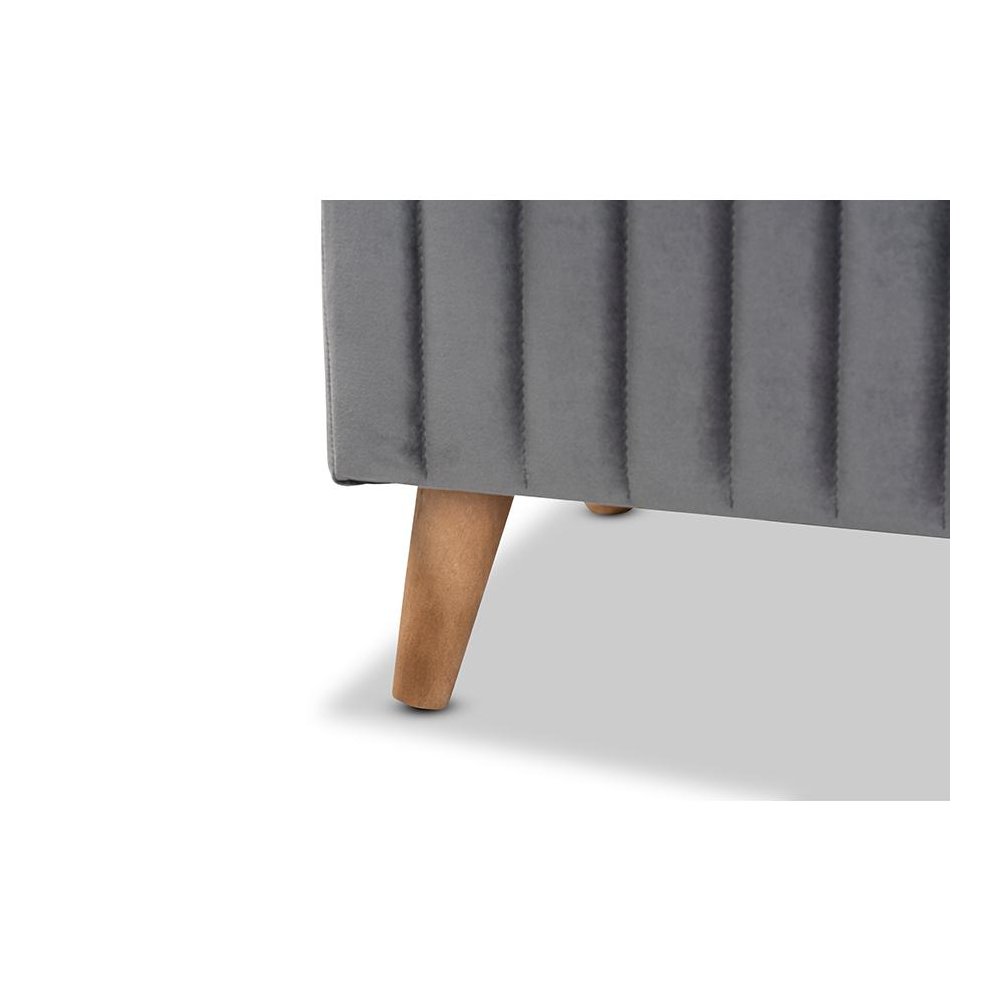 Grey Velvet Fabric Upholstered and Walnut Brown Finished Wood Storage Ottoman. Picture 7
