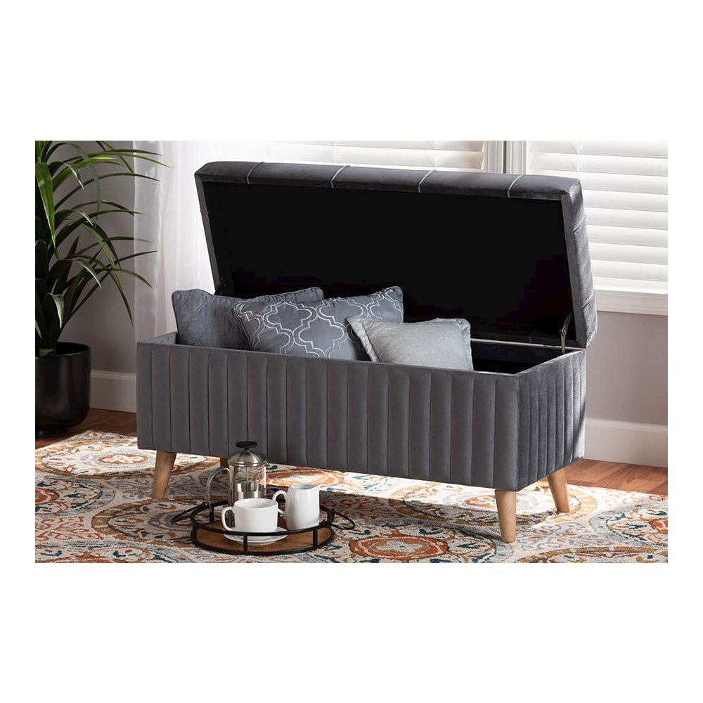 Grey Velvet Fabric Upholstered and Walnut Brown Finished Wood Storage Ottoman. Picture 9