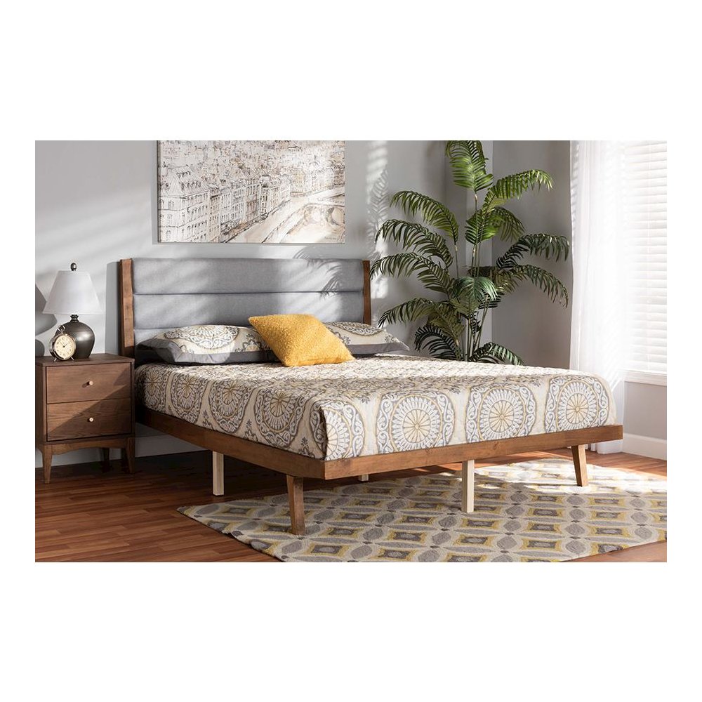 Baxton Studio Jarlan Modern and Contemporary Transitional Grey Fabric Upholstered and Walnut Brown Finished Wood Full Size Platform Bed. Picture 2