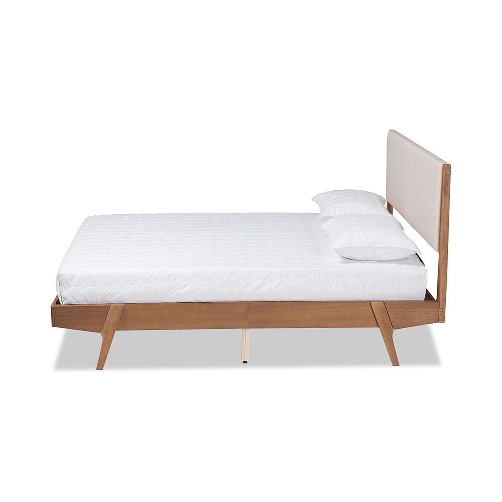 Beige Fabric Upholstered and Walnut Brown Finished Wood Full Size Platform Bed. Picture 2