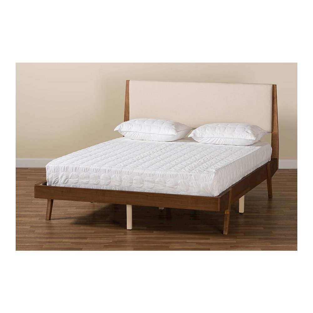 Beige Fabric Upholstered and Walnut Brown Finished Wood Full Size Platform Bed. Picture 8