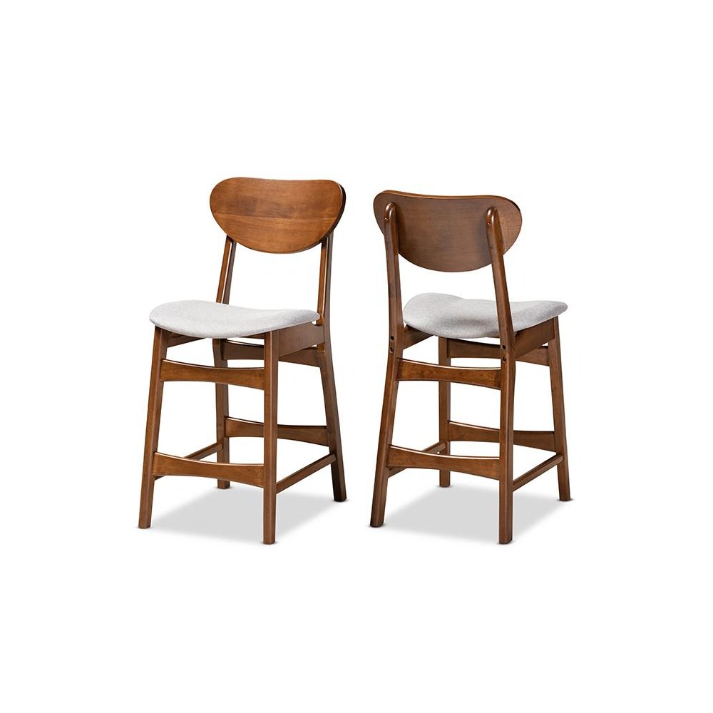 Grey Fabric Upholstered and Walnut Brown Finished Wood 2-Piece Counter Stool Set. Picture 1
