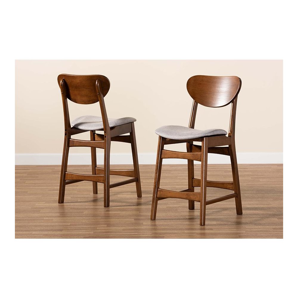 Grey Fabric Upholstered and Walnut Brown Finished Wood 2-Piece Counter Stool Set. Picture 7