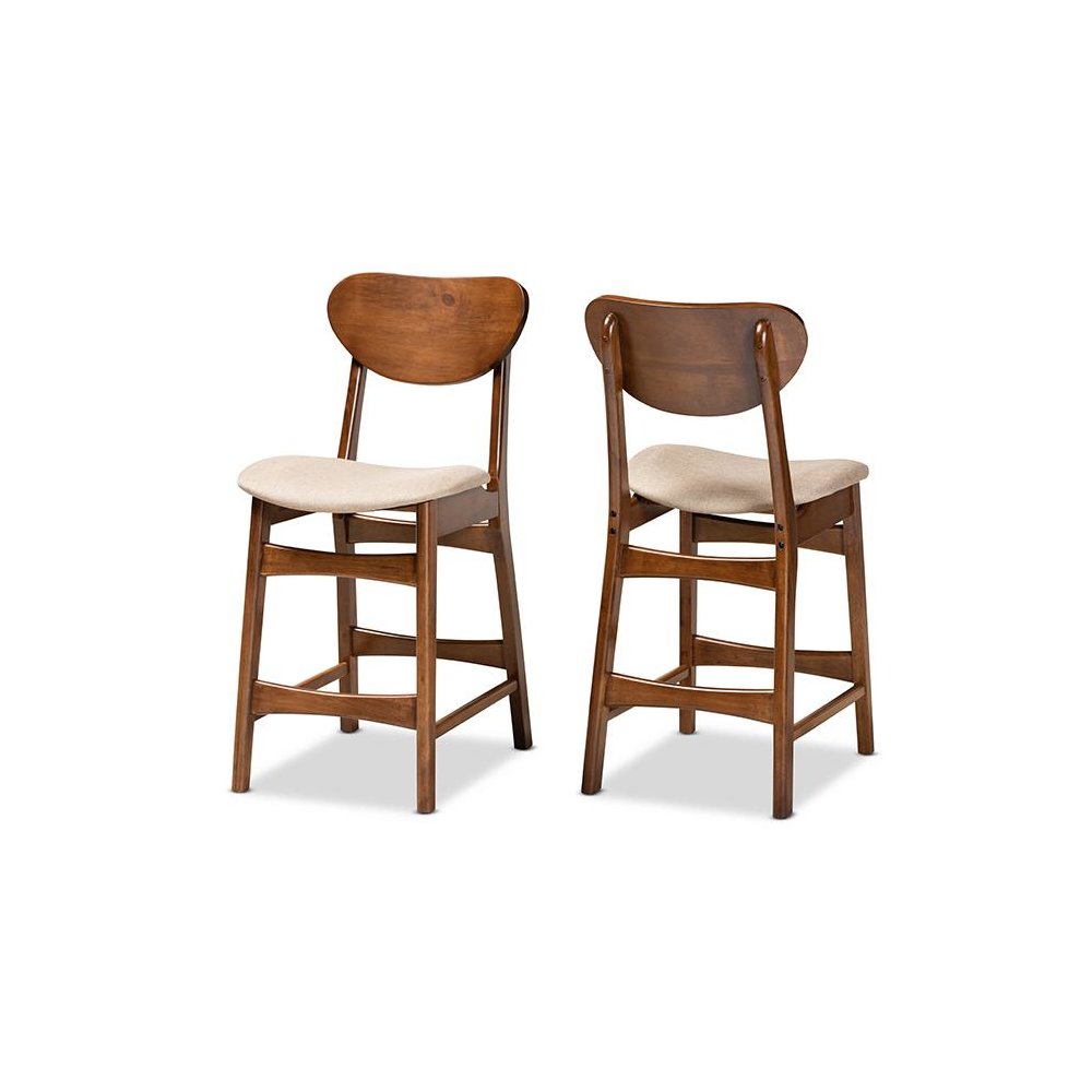Sand Fabric Upholstered and Walnut Brown Finished Wood 2-Piece Counter Stool Set. Picture 1