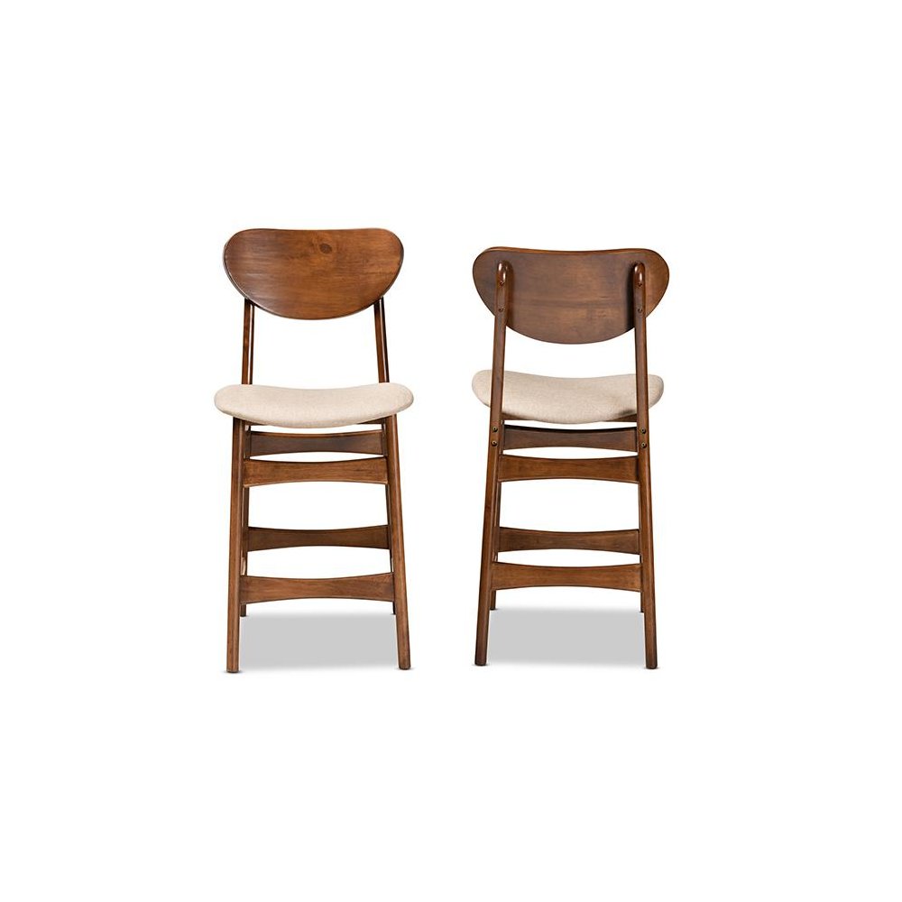 Sand Fabric Upholstered and Walnut Brown Finished Wood 2-Piece Counter Stool Set. Picture 2